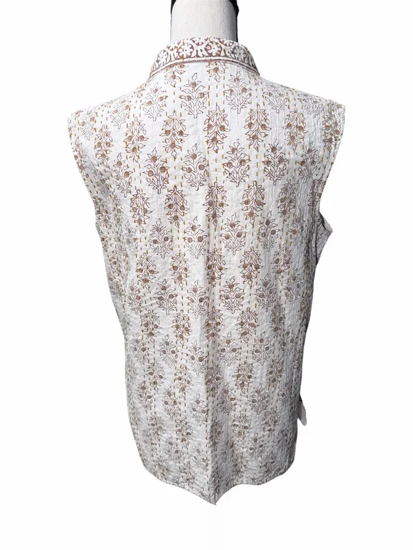 Ivory Brown Floral Print Button Front Sleeveless Vest Lightweight Boho Size M - Image 3