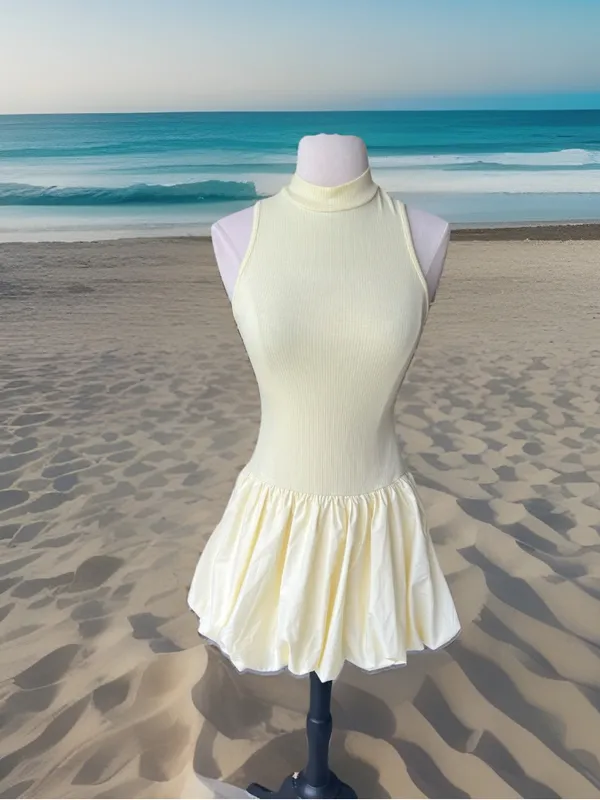 Sleeveless Pastel Yellow Bubble Hem Mini Dress Summer - Image 4