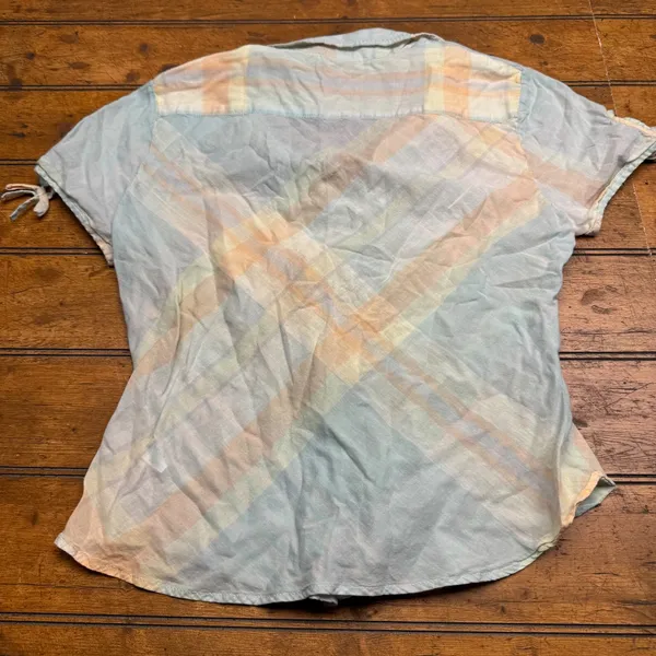 GAP Womens‎ Plaid Button Down Shirt Short Sleeve Tie Sleeve Pastel Size M - Image 5
