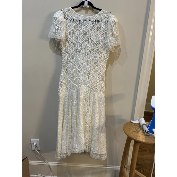 Vintage Lace Dress Size 12 Cream Ribbon Sequin Victorian‎ Romantic Delicate - Image 4
