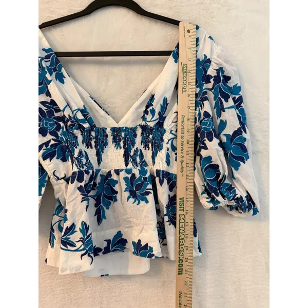 BoBo Bourgeois Boheme Blue Floral Embroidered Puff Sleeve Top Size 38 V-Neck - Image 11