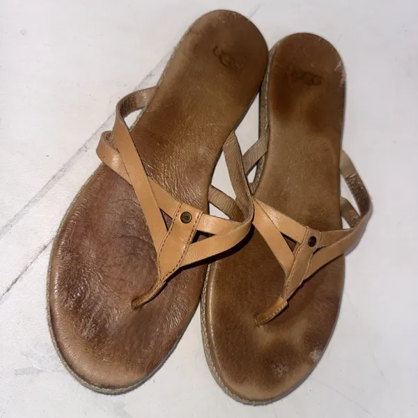 UGG Women's Brown Leather Espadrille Boho Annice Flat Thong Sandals Women's 8 - Image 2