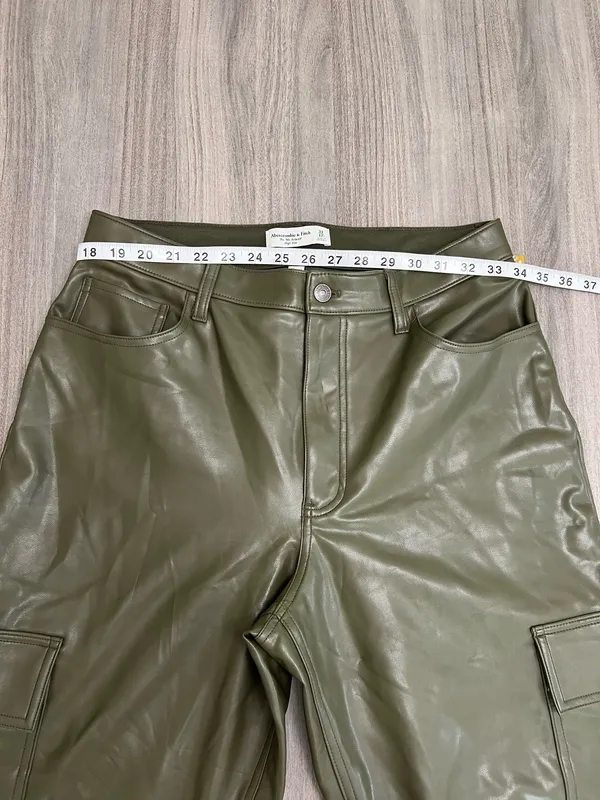 Abercrombie & Fitch Olive Green Faux-Leather Wide Leg Cargo Pants - Image 8