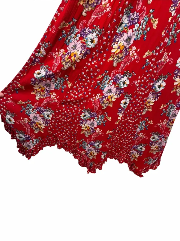 Bila Red Floral Boho Maxi Dress Hankerchief Hem Cottagecore Festival Flowy L - Image 6