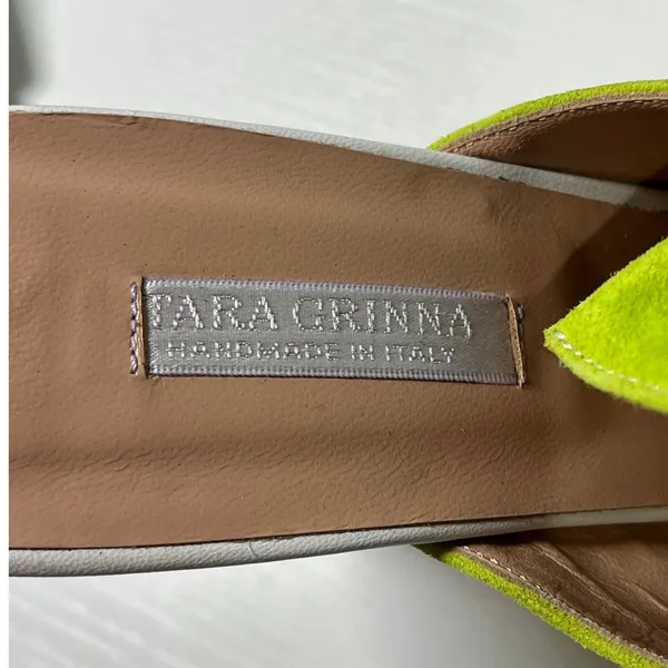 Tara Grinna Lime Green Suede Bow Mule Heels Handmade‎ in Italy Size 38 - Image 3