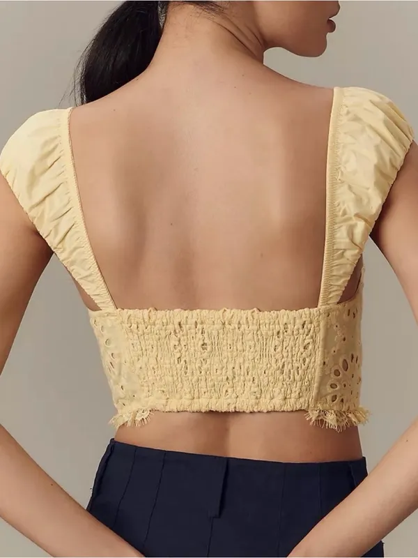 Anthropologie Puff-Sleeve Yellow Eyelet Corset Top - Image 2