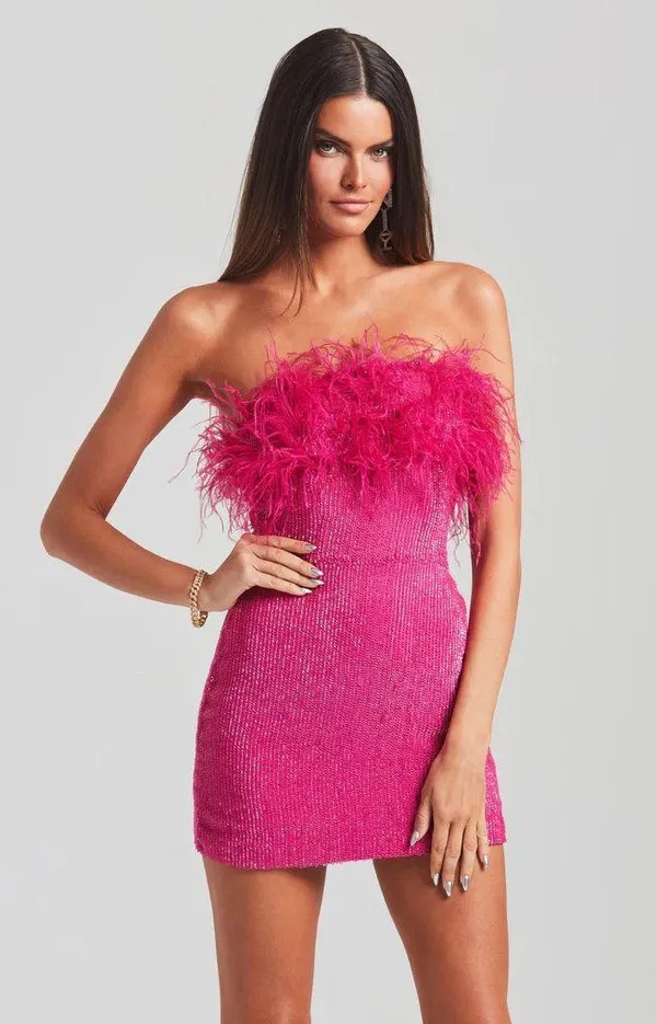 NWT Retroféte Torin Sequin Bandeau Ostrich-trim Mini Dress In Pink. Size Large - Image 3