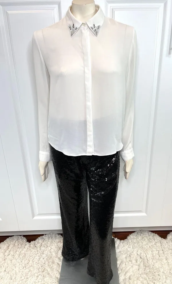 White Jewel Collar Long Sleeve Button Down Blouse - Image 6