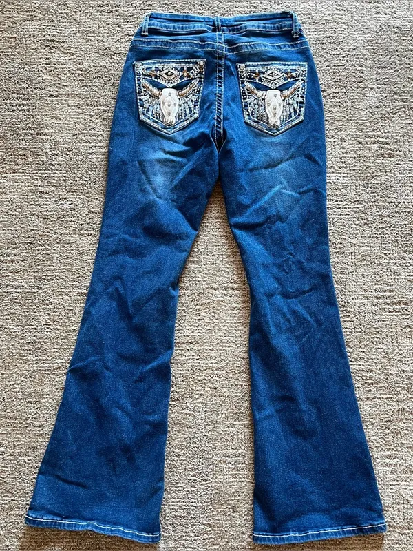 Y2K Western mid rise Leather bull Embellished Dark Blue Jeans - Image 3