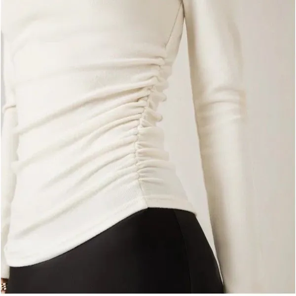 OGL M Eco Mousse Thermal Brushed Ruched Long Sleeve Mockneck Top Chic Minimalist - Image 2