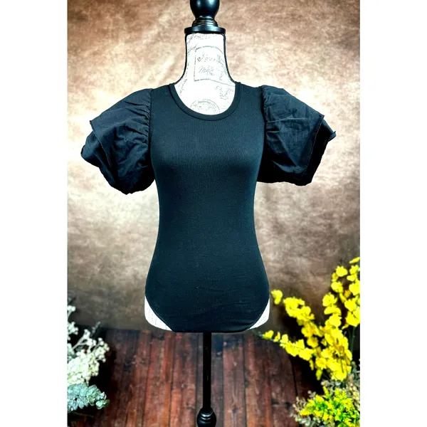 Zara Puff Sleeve Ribbed Bodysuit - Black - size S - Image 6