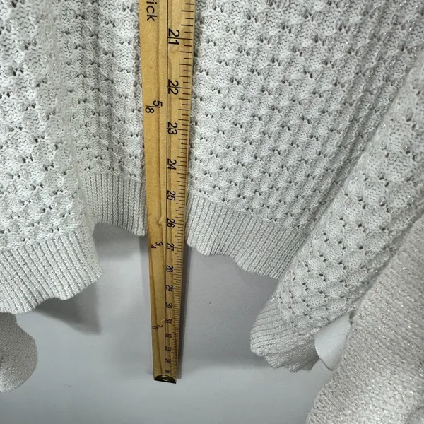 Talbots Cardigan 1X Ivory‎ Metallic Open Front Pointelle Knit Sweater Pockets - Image 2