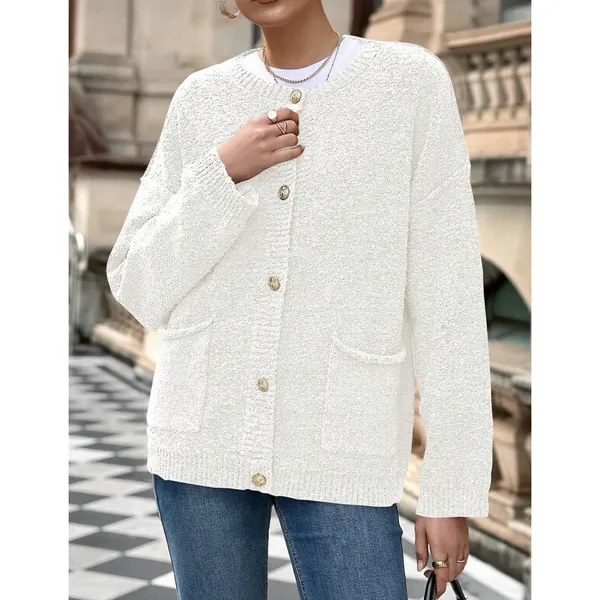Women's Cozy Knit Cardigan Button Down Crewneck Long Sleeve Sweater White S - Image 2