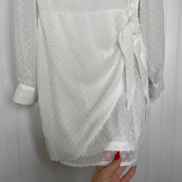 Lulus Much Love White Swiss Dot Tie Front Long Sleeve Mini Dress Small NWT - Image 7