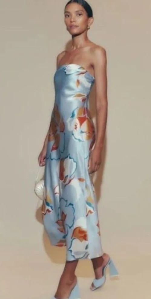💕REFORMATION💕 Joanne Silk Dress ~ Hyperion Blue Print 10 NWOT - Image 3