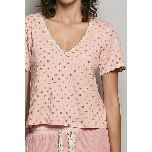 POL Floral V-Neck Short Sleeve Rib T-Shirt - Soft Pink - Medium - Image 6