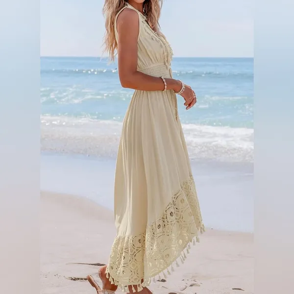 CUPSHE Cream V Neck Sleeveless Lace Tassel Smocked Waist Maxi Dress Size M - Image 2