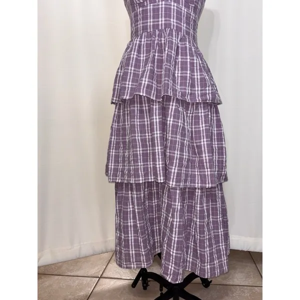 Lulus Purple Plaid Tiered Midi Dress Small Cottage Bustier Women Flair Sundress - Image 9
