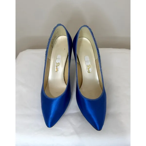 Vintage Nouveau 90s Royal Blue Satin Beaded Pumps Sz 7 - Image 3