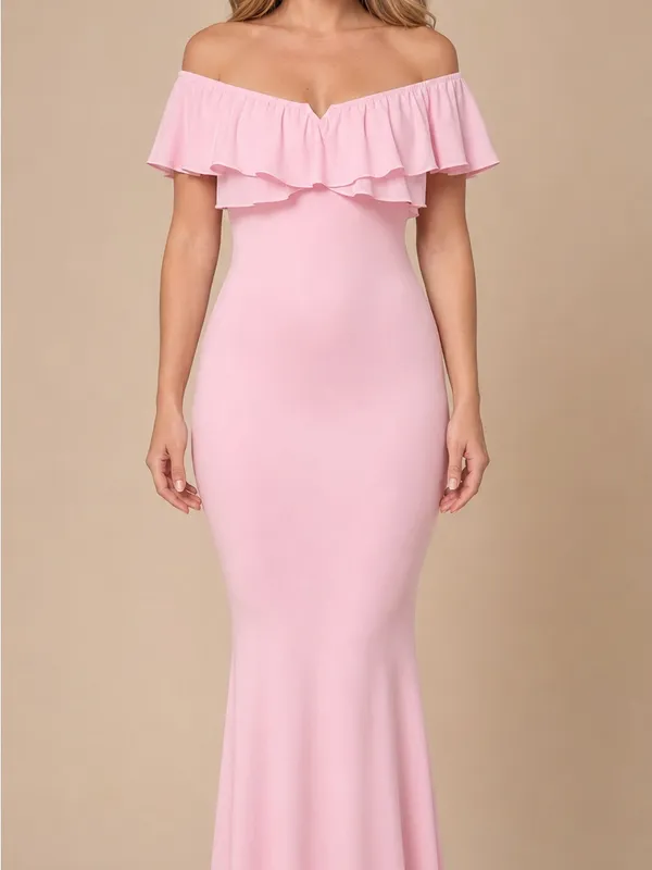 Women’s Pink Off-Shoulder Ruffle Stretch Maternity Mermaid Maxi Gown - Image 5