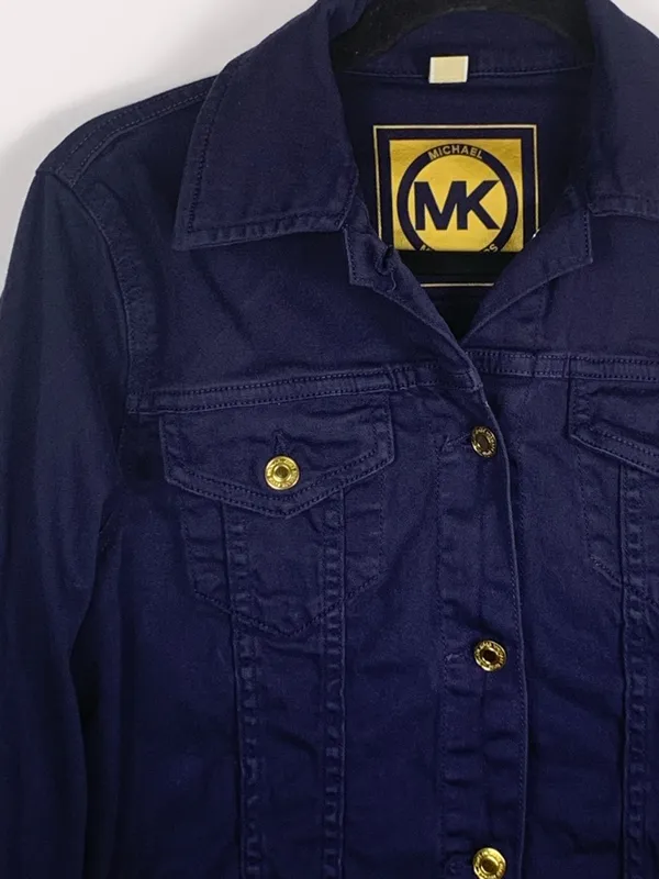 Michael Kors Denim Jacket Womens M Dark Blue Stretch Trucker Button Front - Image 4