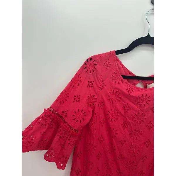 Anthropologie Pink‎ Eyelet Shift Dress Sz 8 Boho Ruffle Embroidered Feminine - Image 6