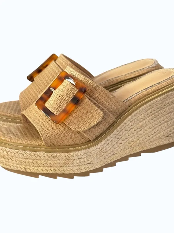 Chunky Wedge Raffia Espadrille Platform Slide Sandals With Tortoiseshell Buckle - Image 15