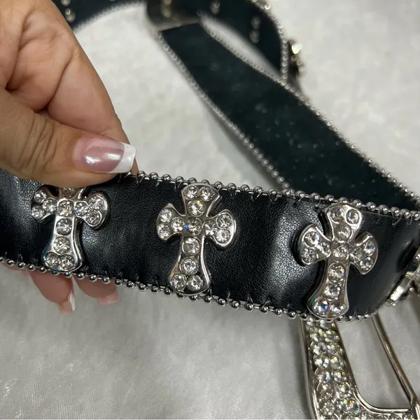 Y2K Crystal Embellished Black Belt western crosses studded motorcycle cowgirl - Image 3