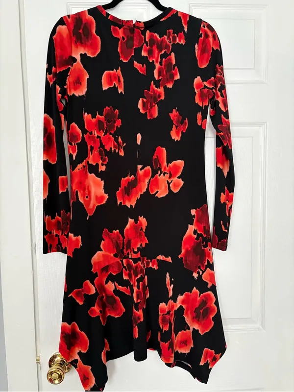 NWT MICHAEL Michael Kors Black & Red Floral Long Sleeve Drop Hem Dress Size S - Image 5