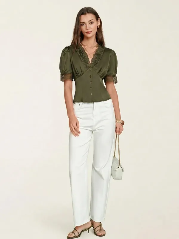 Rihoas Green V Neck Puffed Sleeve Lace Blouse - Image 4