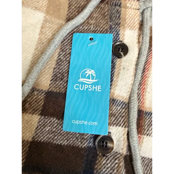Cabincore Plaid Hooded Shacket Brown Cream Button Front Cozy Rustic L NWT - Image 8