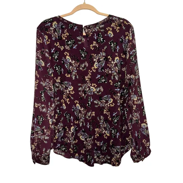 LOFT Floral Blouse XL Burgundy‎ Long Sleeve Boho Peasant Top Lightweight Women - Image 4