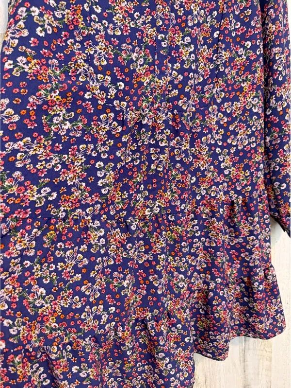 Time and Tru Floral Tiered Dress Women’s L 12-14 Long Sleeve Navy Boho - Image 4