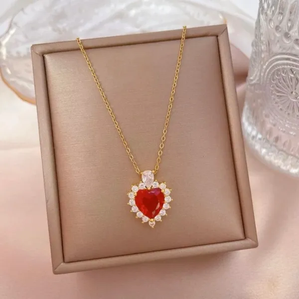 18K Gold Plated Birthstone Crystal Love Heart Ruby Pendant Necklace for Women - Image 4