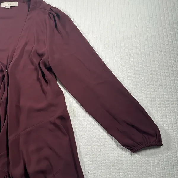 LOFT Womens Medium Burgundy Blouse Tie Front Long Sleeve Peplum Top - Image 5