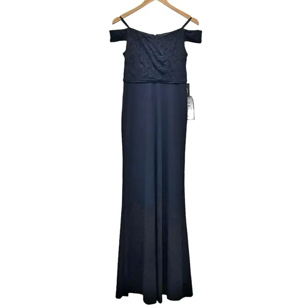 NWT Adrianna Papell Size 2 Navy Lace Off Shoulder Mermaid Formal Gown Dress - Image 4