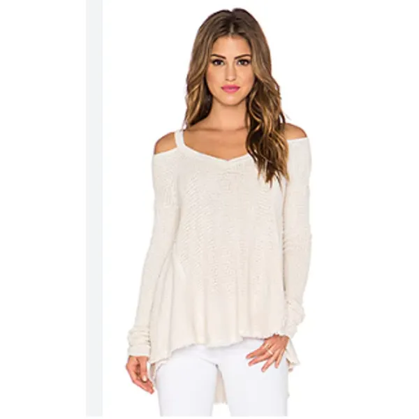 Free People‎ Cream Moonshine V Neck Sweater Cold Shoulder Distressed Small FW26 - Image 3