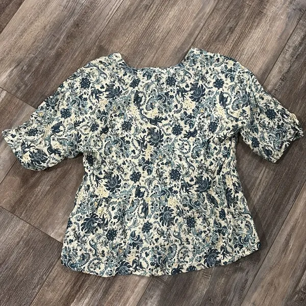 Faherty Womens Salinas Jacobean Top S Floral Lace Up Linen Floaty Blue Aviary - Image 10