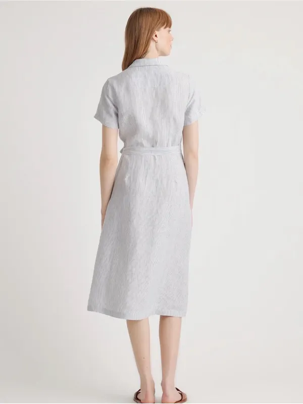 Quince Light Gray Striped Button-Front Tie-Waist Midi Dress - Image 3