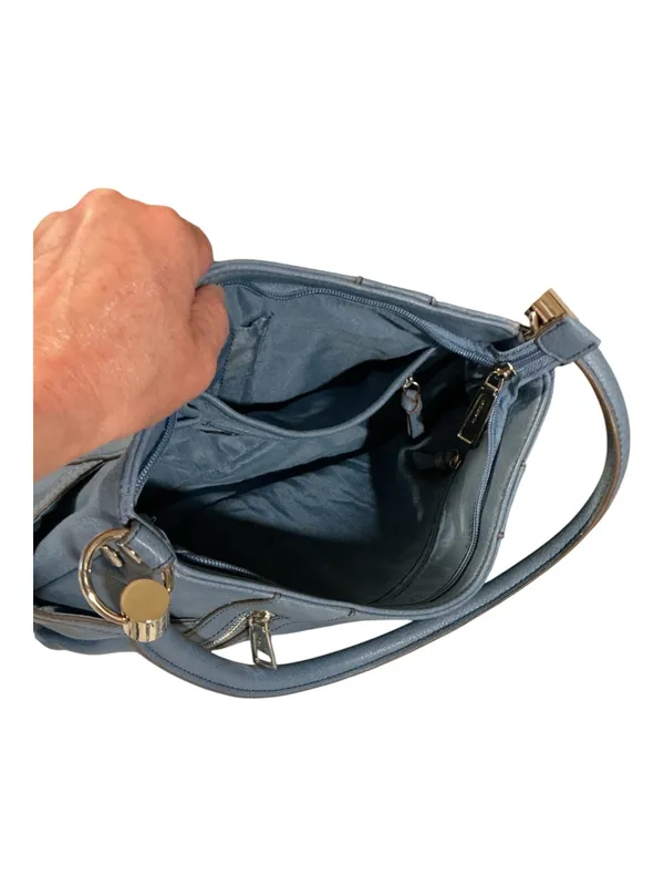 Liz Claiborne Slate Blue Shoulder Bag | Multi-Pocket Hobo Purse with Zipper Accents - Image 4