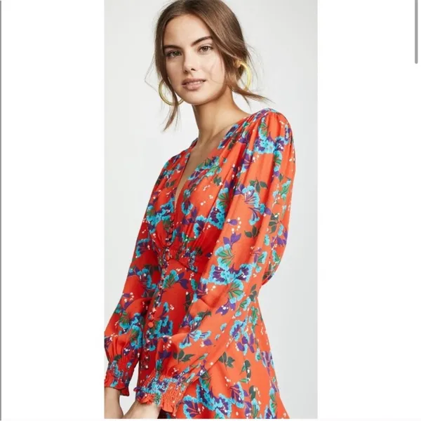 Saloni Eve Mini Dress Tangerine Sweetpeas‎ Chiffon Viscose Smock V Neck Size 0 - Image 5