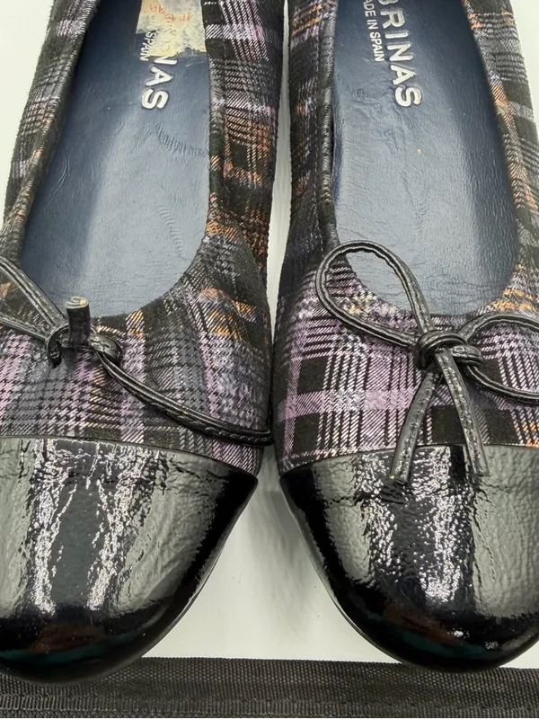 Sabrinas Plaid Ballet Flats Womens EU 38 Patent Cap Toe Bow Made Spain - Image 9