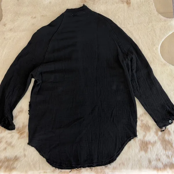 Cherry Cloth Black Cotton Gauze Frayed Button Down Shirt Top Small - Image 8