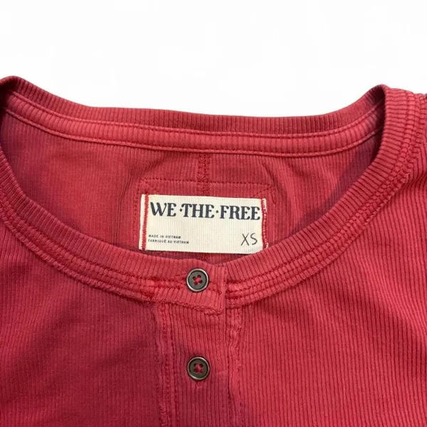 Free People We The Free Red Ribbed Henley Top XS Long Sleeve Fitted Boho - Image 2