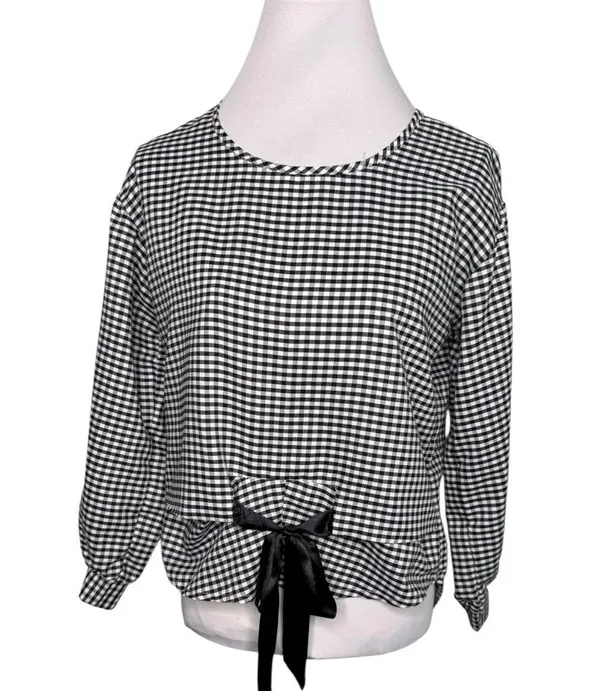 Gingham Black and White Plaid Gingham Bow Tie Front Blouse Long Sleeve Medium - Image 3