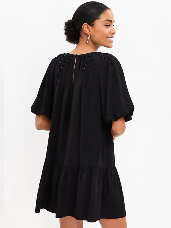 LOFT Smocked Pleated Flounce Dress Black Short Puff Sleeve Babydoll Dress Sz XL - Image 2