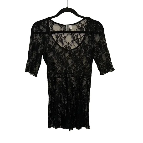 Buckle Black Sheer Lace Top‎ Small Babydoll Goth Fairy Grunge Y2K Short Sleeve Blouse - Image 2