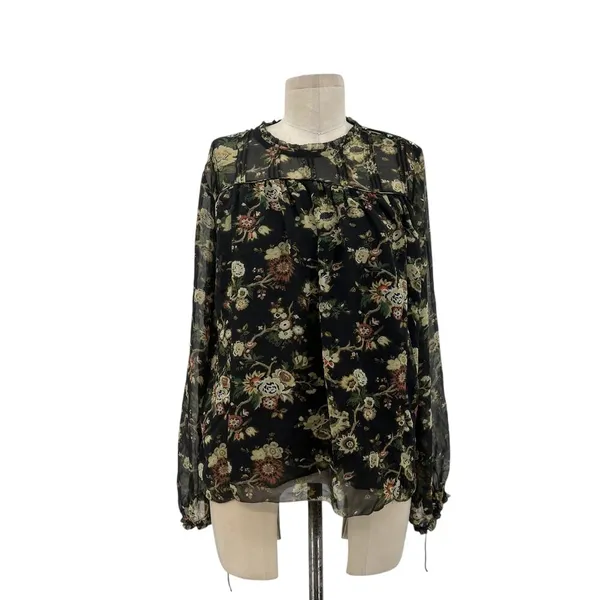 Aritzia Wilfred Long Sleeve Floral Print Chiffon‎ Blouse Black Green Size Medium - Image 3