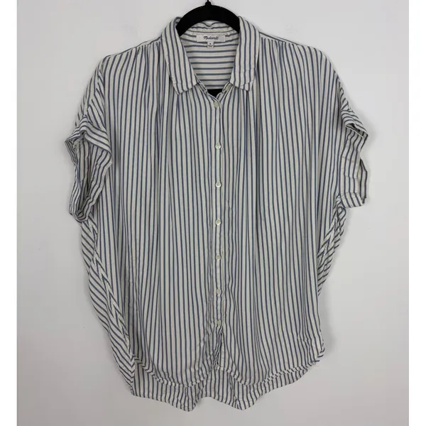 Madewell Central Shirt Dalton Stripe Blue Shirred Button Down Short Sleeve M - Image 3