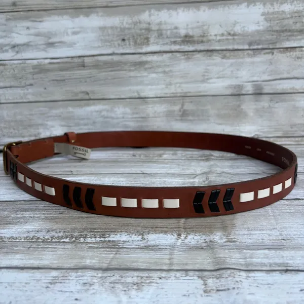 Fossil Leather Belt Size L 36.5" Brown Boho Chevron Whipstitch Western Festival - Image 3